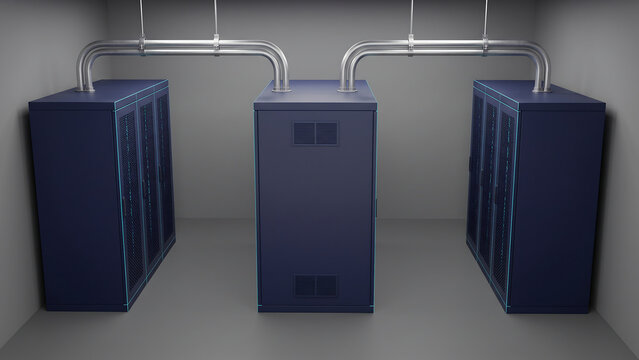 二組の電気配管で左右のサーバーラックへ接続した中央の電源分配キャビネット