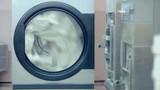 Industrial washing machine drum spinning white linen. Commercial laundry room.