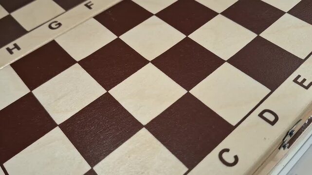 Close up of an empty wooden chessboard with brown and white squares, classic board game and strategic thinking concept.