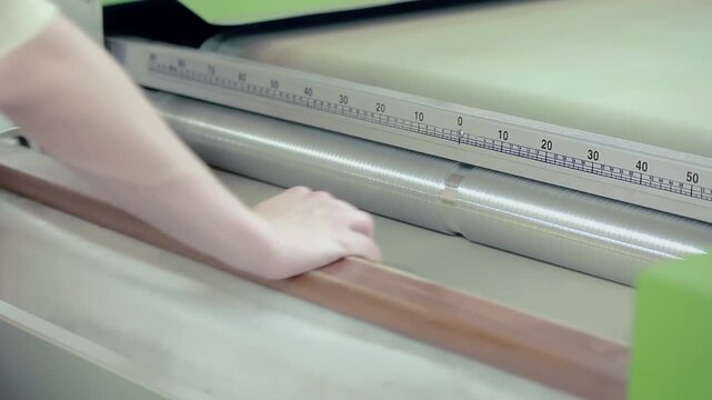 Garment worker hands placing knitted fabric machine roller. Closeup textile.