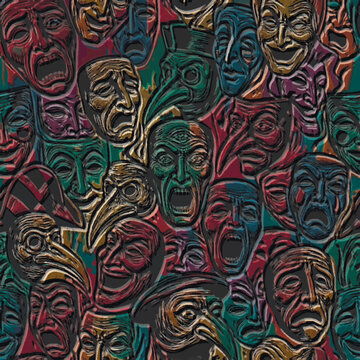 3d Embossed Theatrical Masks Seamless Pattern with Commedia dell Arte and Plague Doctor. Textured emboss vector background. Grunge endless texture with embossing effect.