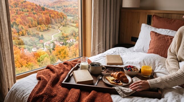 Hotel breakfast tray with autumn coffee and pastries on a cozy bed with a scenic view of colorful fall foliage outside the window. Relaxing morning vacation getaway in a forest resort.