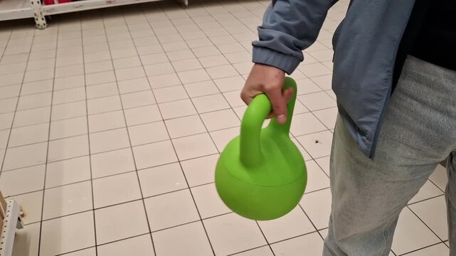 Man holding a bright green six kilogram kettlebell in a sports store, buying fitness equipment and athletic weightlifting goods retail concept.