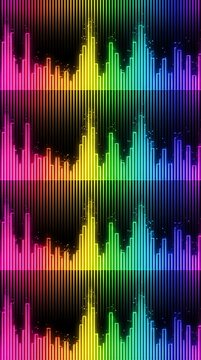 Vibrant rainbow equalizer bars create a repeating neon sound wave pattern in a portrait orientation for music event posters, digital wallpapers, and audio app interfaces.