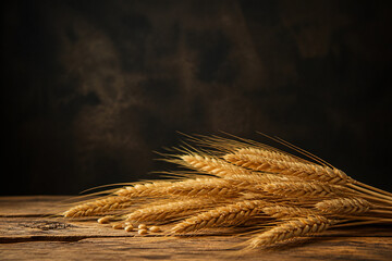 Obraz premium A close-up of several stalks of golden wheat resting on a rustic wooden surface against a dark, moody background.