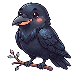 Obraz premium Cute cartoon black raven perched on a small tree branch isolated on white background