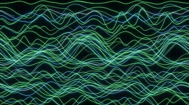 Complex digital wave pattern with green and blue glowing lines in landscape orientation for UI UX design, audio software backgrounds, and technology presentation templates