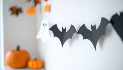白い壁に飾ったハロウィンのガーランド © SHIGERU-WORKS