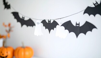 白い壁に飾ったハロウィンのガーランド © SHIGERU-WORKS