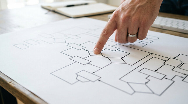 Hand pointing at complex flowchart diagram on office desk