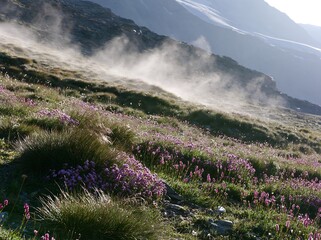Fototapeta premium Wildflower meadow near Matterhorn with dust and sunlight