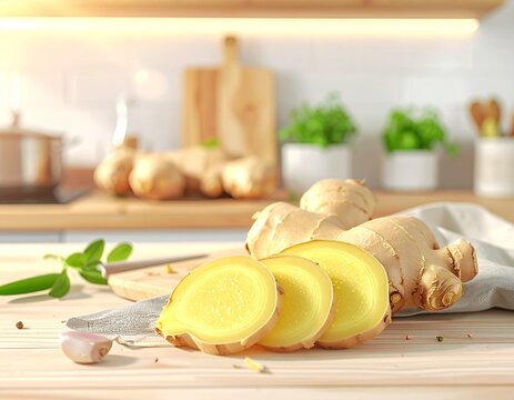 Fresh Ginger Root on Kitchen Table &ndash; Close-Up HD Food Product Photography