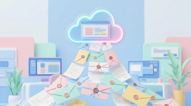 Cloud computing data management concept with digital files and envelopes digital storage online data file management