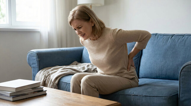 Lifestyle Stock Photo Illustrating Backache Posture Problem Middle Aged Woman Sits Blue Sofa Living Room Pressing Hand Against Lower Back Pain Beige Top Trousers Authentic Emotion Textless