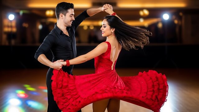 Couple dancing the passionate salsa in a ballroom with elegant red dress and black attire ballroom performance