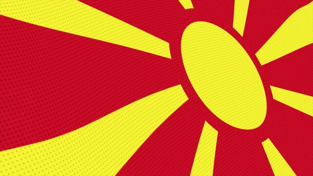 Flag of North Macedonia waving slowly in the foreground and moving upwards.