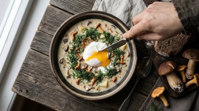 Top down view of a traditional Czech mushroom soup kulajda with potatoes, dill, and a soft-boiled poached egg being cut open