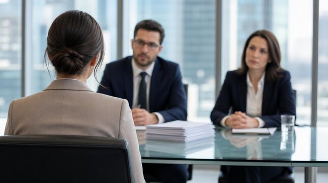 Female job candidate seen from behind in black office chair during tense interview with two corporate evaluators at glass conference table in high-rise office with city skyline and tall windows