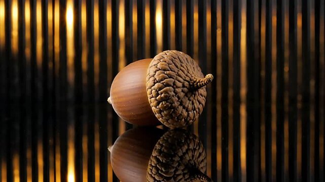 Oak Acorn Macro Close Up with Golden Light Reflection Background