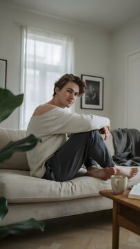 Joven apuesto relajado sentado en el sof&aacute; de su sala de estar luminosa en casa