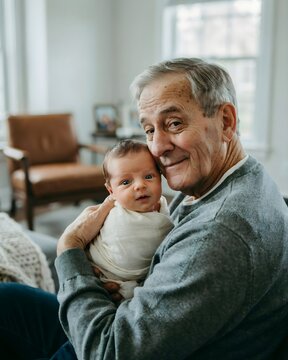 Tierno abuelo sonriente sosteniendo y abrazando cari&ntilde;osamente a su nieto reci&eacute;n nacido en casa