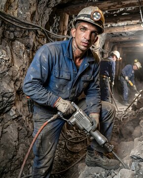 Minero profesional trabajando en el interior de una mina subterr&aacute;nea oscura perforando la roca con un martillo neum&aacute;tico