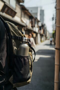 Mochila de viajero con botella de agua reutilizable caminando por una calle tradicional de un pueblo hist&oacute;rico