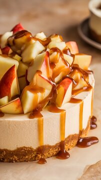 Deliciosa tarta de queso con trozos de manzana fresca y caramelo l&iacute;quido esuriendo por los lados