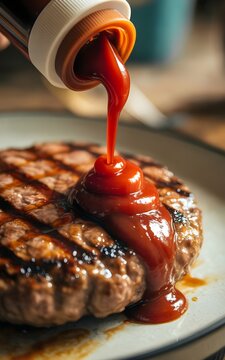 Salsa de tomate o ketchup cayendo desde una botella sobre una jugosa hamburguesa a la parrilla