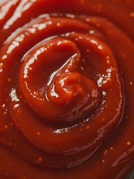 Primer plano de una espiral de salsa de tomate o k&eacute;tchup suave y brillante sobre una superficie