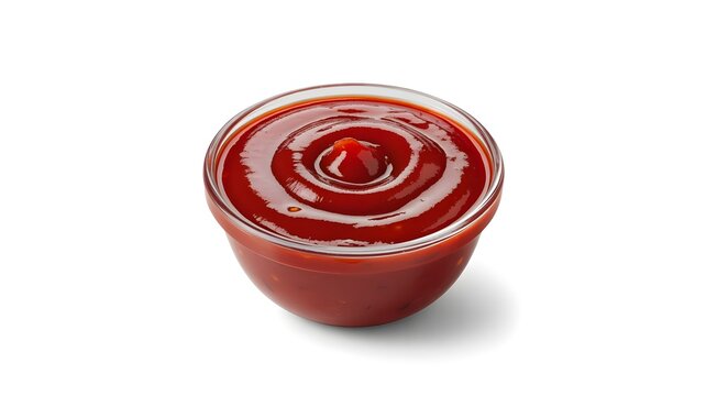 Peque&ntilde;o bol de cristal transparente con salsa de tomate o k&eacute;tchup sobre fondo blanco aislado