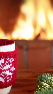 Mugs in knitted woolen covers with a Christmas ornament are placed in front of the fireplace. Xmas decorations on a wooden table in front of a flame burning in the fireplace. Vertical video