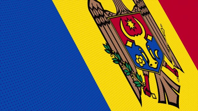 Flag of Moldova waving slowly in the foreground and moving upwards.