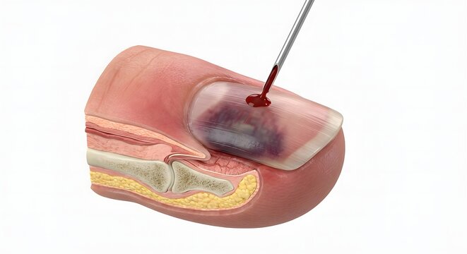 3D Medical Render of Subungual Hematoma Trephination: Cross-Section View of Draining Blood Under a Bruised Fingernail with a Needle
