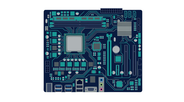 Flat Design Stylized Computer Motherboard Vector Illustration Featuring Teal Circuit Traces, Square Processor Chips, Memory Slots, and I/O Connectors on Navy Blue Background