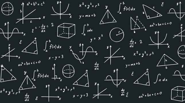 Seamless Tile Pattern White Chalk Math Equations Graphs Geometric Diagrams Integral Signs on Dark Chalkboard Background - professional high resolution commercial stock detailed commercial stock