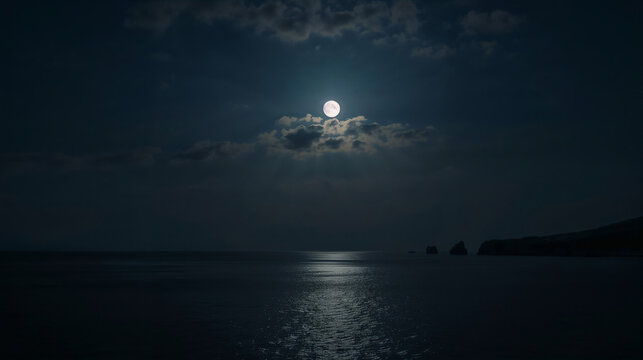 Full moon veiled by thin clouds above the calm Mediterranean sea