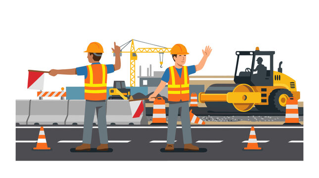 Two construction workers wearing orange hard hats and high visibility safety vests directing traffic with hand signals and flags at busy road construction site with heavy machinery and equipment