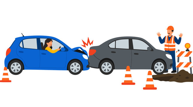Woman using mobile phone while driving rear-ends gray car at road construction zone with orange traffic cones surprised construction worker safety barriers collision impact flat vector illustration