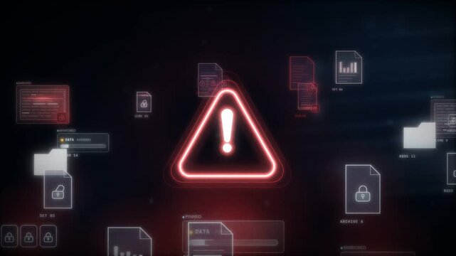 Cyber security warning triangle alert with locked file icons drifting outward on dark background