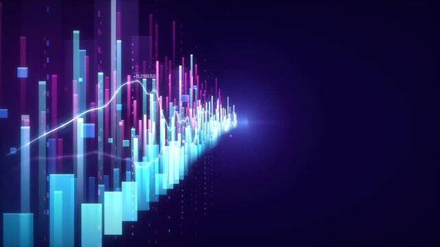 Glowing stock market bar chart with trend line and ticker values on dark background with copy space