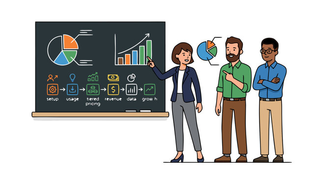 Professional business team standing in front of blackboard presenting charging plan pricing strategy with pie chart bar graph tiered pricing revenue growth flow diagram in office meeting