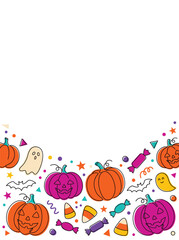 Fototapeta premium Playful Halloween poster background with vibrant doodle pumpkins and ghosts on white