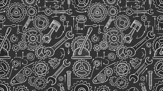 Seamless mechanical pattern with hand-drawn white chalk gears, pistons, wrenches, levers and technical engineering schematics on dark blackboard background, vintage industrial vector illustration