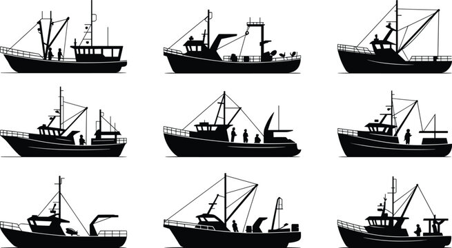 Collection of nine black silhouette fishing trawler boat illustrations