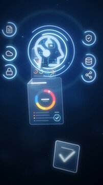 AI head icon surrounded by service icons and floating documents with checkmarks in vertical format