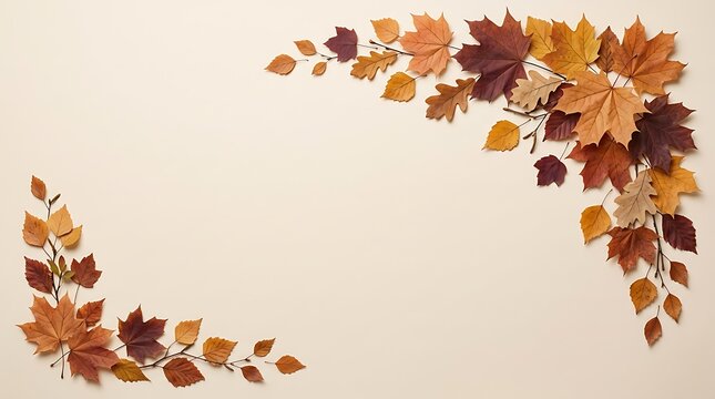 Decorative corner border made of colorful autumn maple leaves on a light beige background