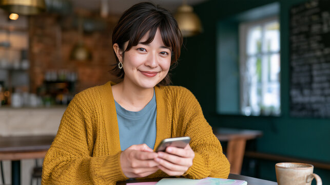 Young Millennial Asian woman sitting in cafe restaurant holding smartphone