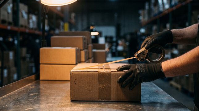 Packing for Delivery: Hands wearing black gloves seal a cardboard box with packing tape in a dimly lit warehouse, surrounded by shelves stocked with packages, ready for shipment. warehouse packing