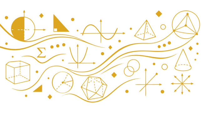 Flowing Mathematical Equations and Geometric Diagrams Rendered as Flat Golden Shapes on Clean White Background Vector Illustration - professional high resolution detailed commercial stock imagery